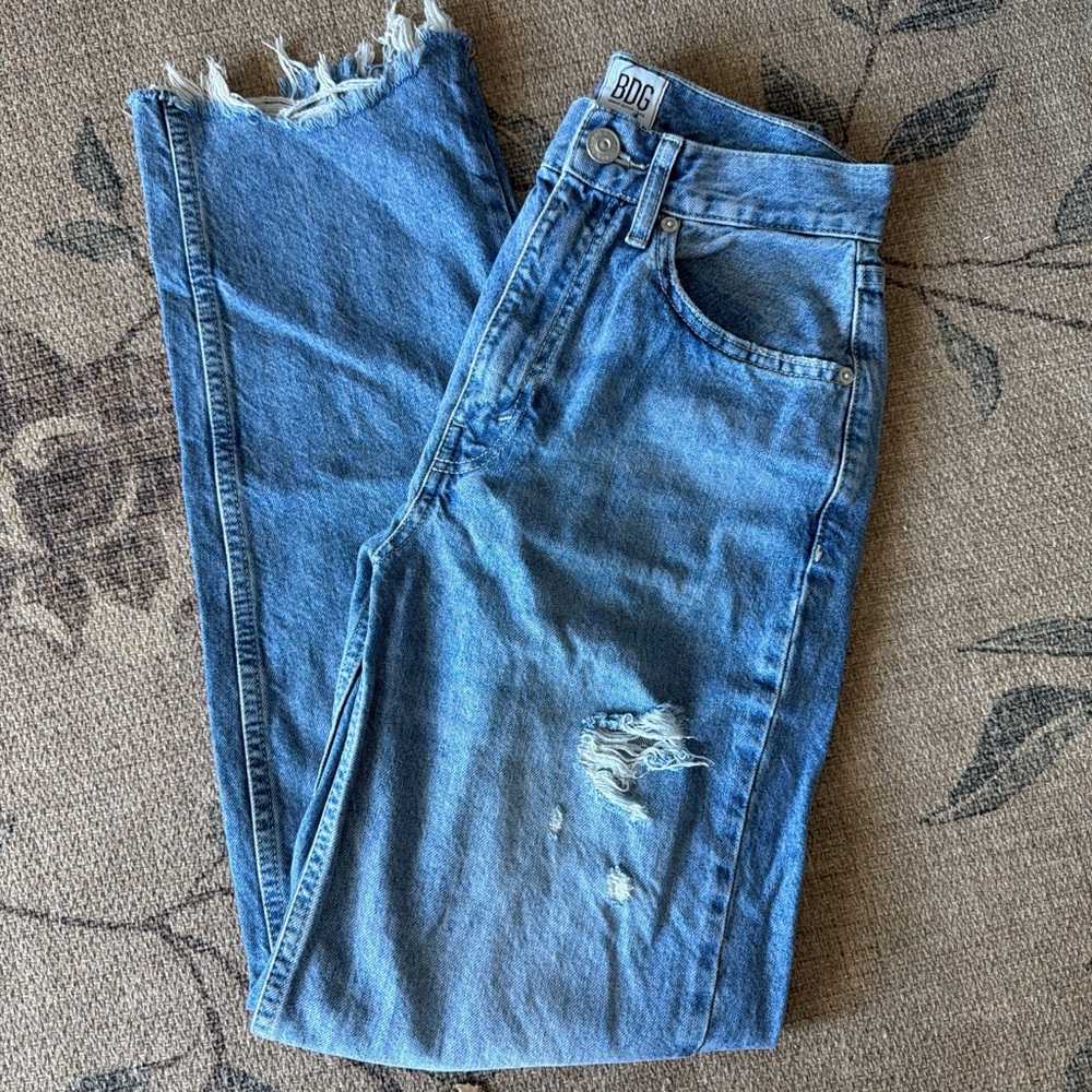 BDG Light Blue High-Rise Distressed Straight Jeans